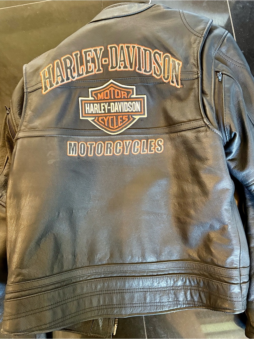 Harley-Davidson Black Leather Jacket with Orange Logo Accents